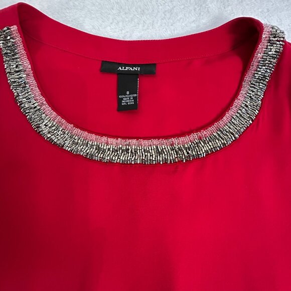 Alfani Womens Red Layered Chiffon Blouse Tunic Embellished Neck Size 8 Career - Picture 8 of 9